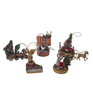 1960s Kitschy Cute Christmas Tree Ornaments Gold Plastic Train Angel Stagecoach